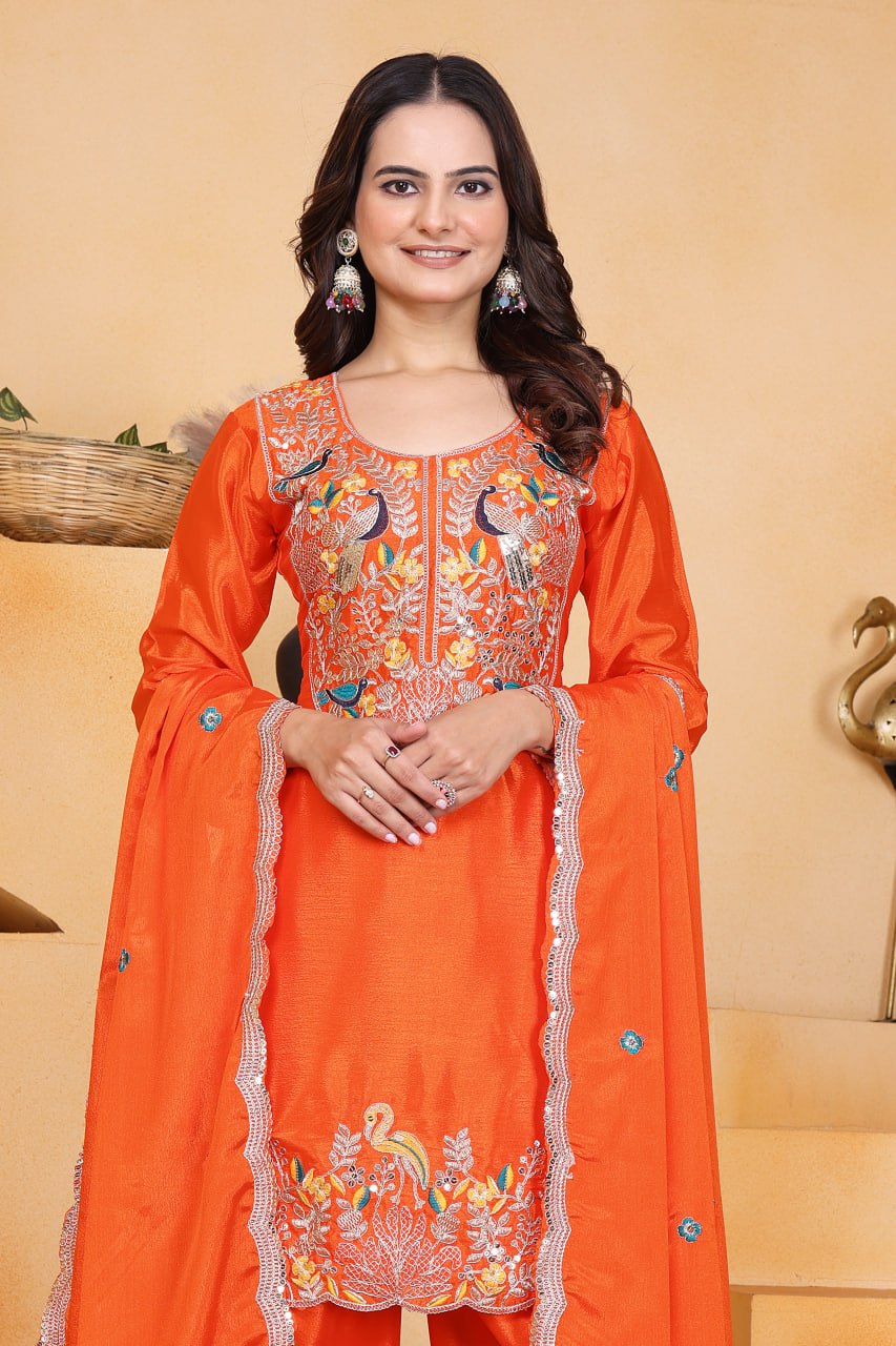 Prazu Fashion Orange Chinon Silk Embroidered Dhoti Style Suit - Distacart