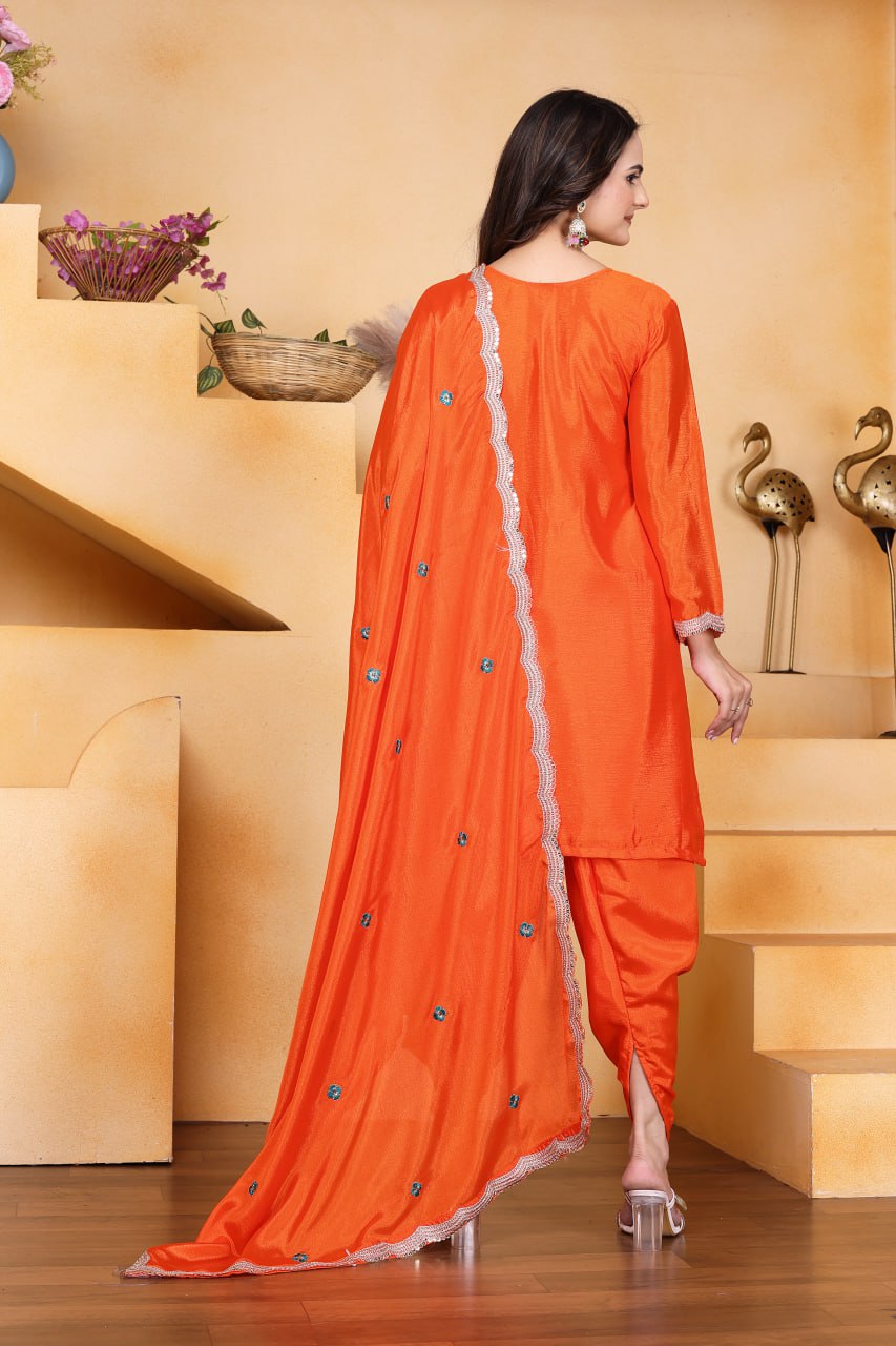 Prazu Fashion Orange Chinon Silk Embroidered Dhoti Style Suit - Distacart