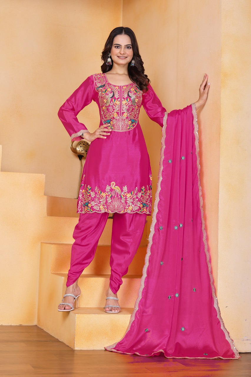 Prazu Fashion Pink Chinon Silk Embroidered Dhoti Style Suit - Distacart