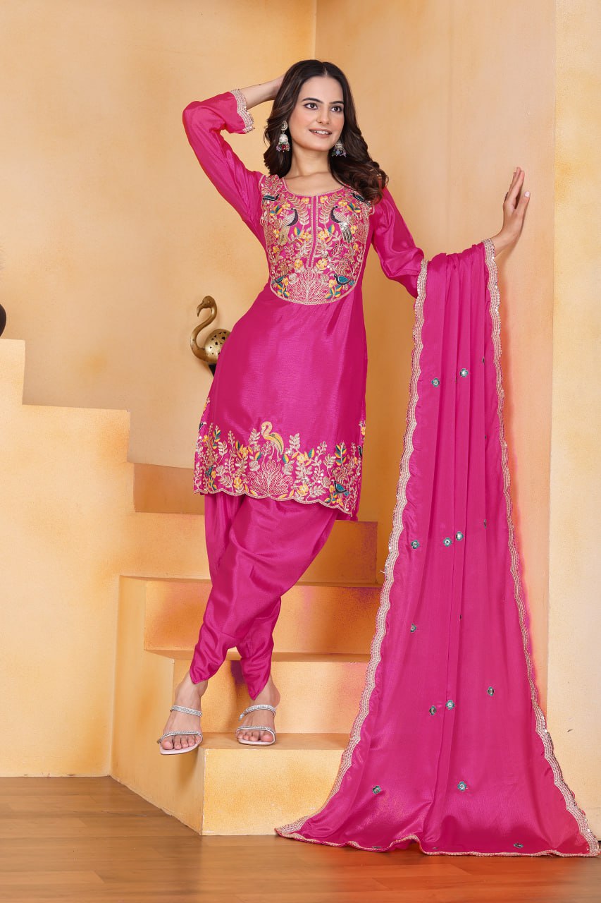 Prazu Fashion Pink Chinon Silk Embroidered Dhoti Style Suit - Distacart