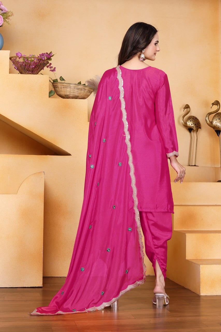 Prazu Fashion Pink Chinon Silk Embroidered Dhoti Style Suit - Distacart