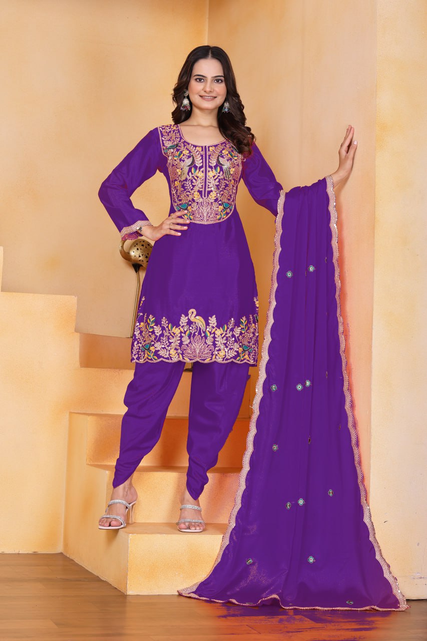 Prazu Fashion Purple Chinon Silk Embroidered Dhoti Style Suit - Distacart