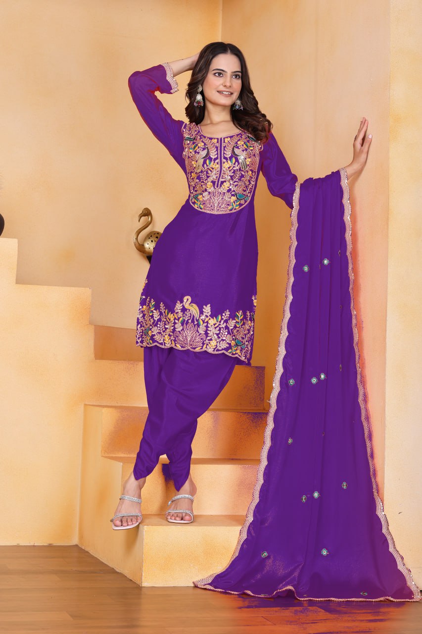 Prazu Fashion Purple Chinon Silk Embroidered Dhoti Style Suit - Distacart