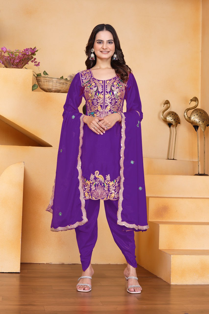 Prazu Fashion Purple Chinon Silk Embroidered Dhoti Style Suit - Distacart