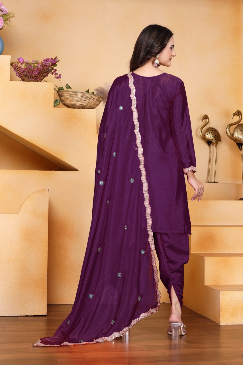 Prazu Fashion Wine Chinon Silk Embroidered Dhoti Style Suit - Distacart