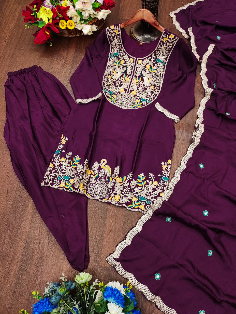 Prazu Fashion Wine Chinon Silk Embroidered Dhoti Style Suit - Distacart