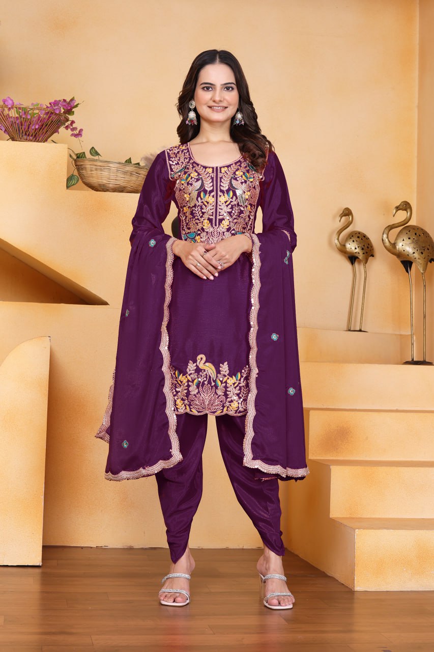 Prazu Fashion Wine Chinon Silk Embroidered Dhoti Style Suit - Distacart