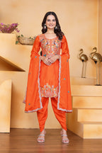 Prazu Fashion Orange Chinon Silk Embroidered Dhoti Style Suit - Distacart