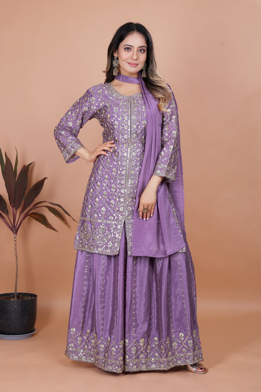 Prazu Fashion Lavender Chinon Silk Embroidered Sharara Suit - Distacart