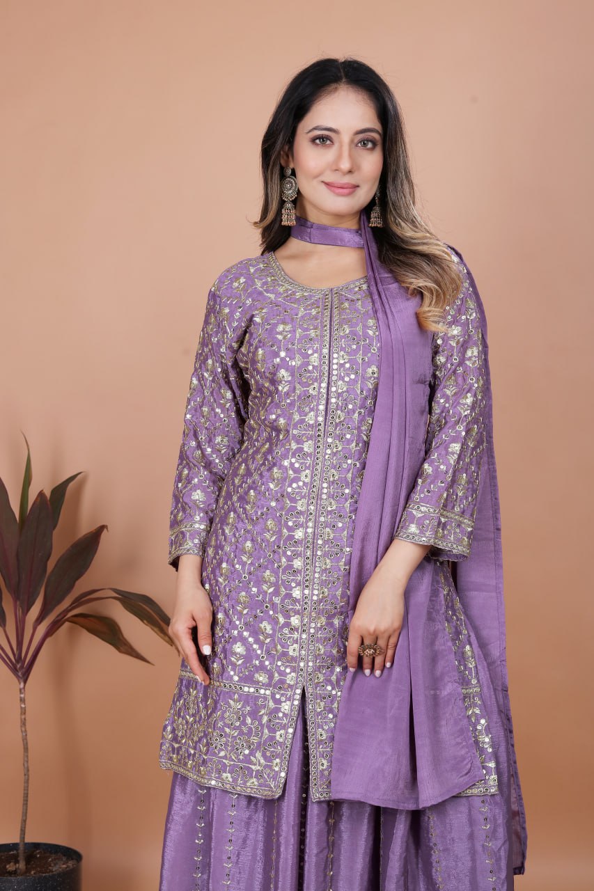 Prazu Fashion Lavender Chinon Silk Embroidered Sharara Suit - Distacart