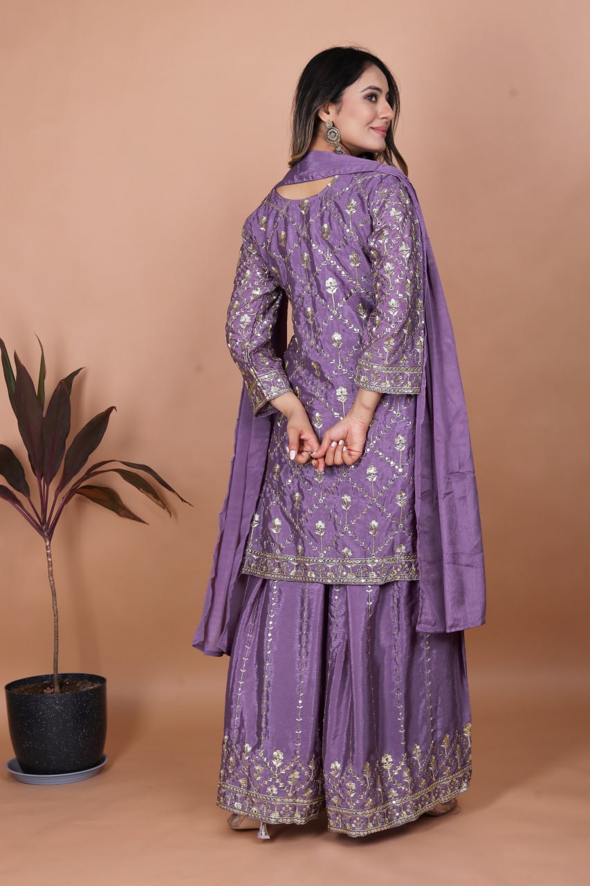 Prazu Fashion Lavender Chinon Silk Embroidered Sharara Suit - Distacart