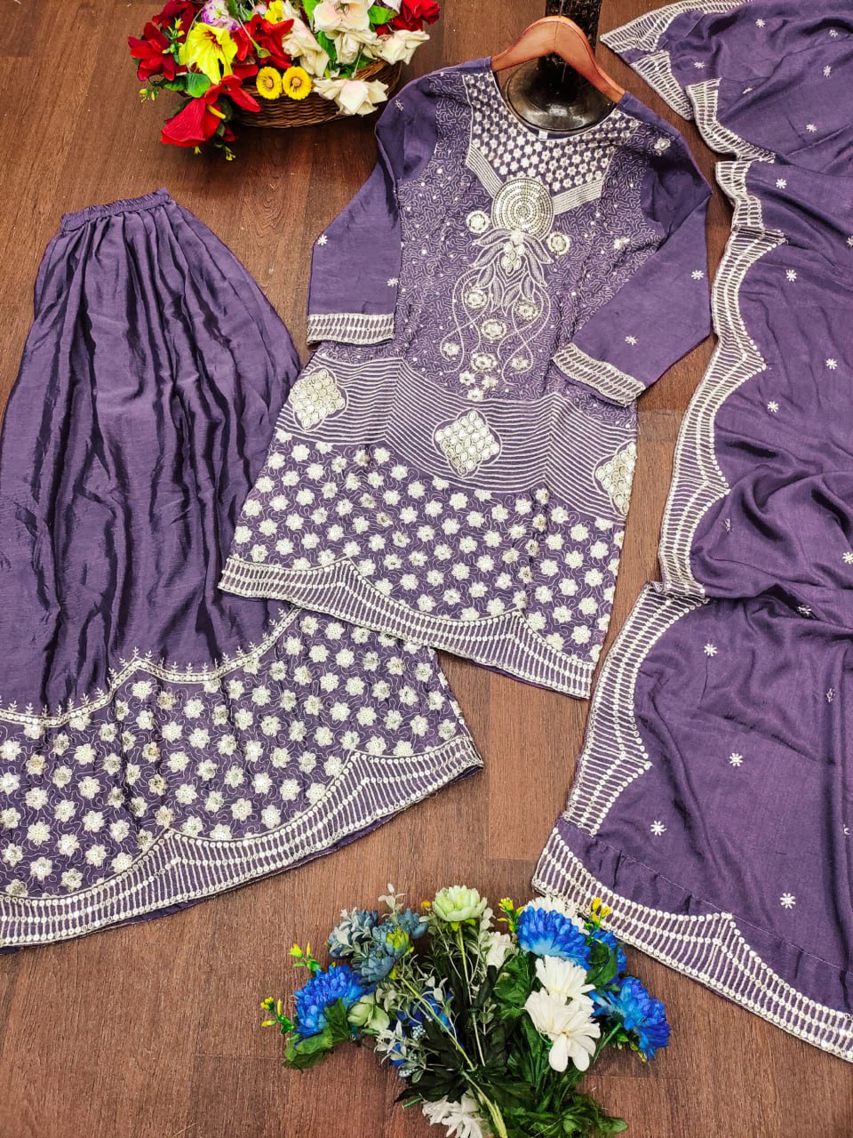 Prazu Fashion Lavender Chinon Silk Embroidered Designer Sharara Suit - Distacart