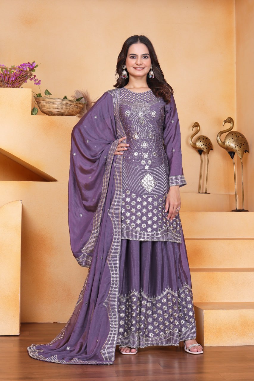 Prazu Fashion Lavender Chinon Silk Embroidered Designer Sharara Suit - Distacart