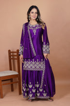 Prazu Fashion Violet Chinon Silk Embroidered Rivet Moti Work Sharara Suit - Distacart