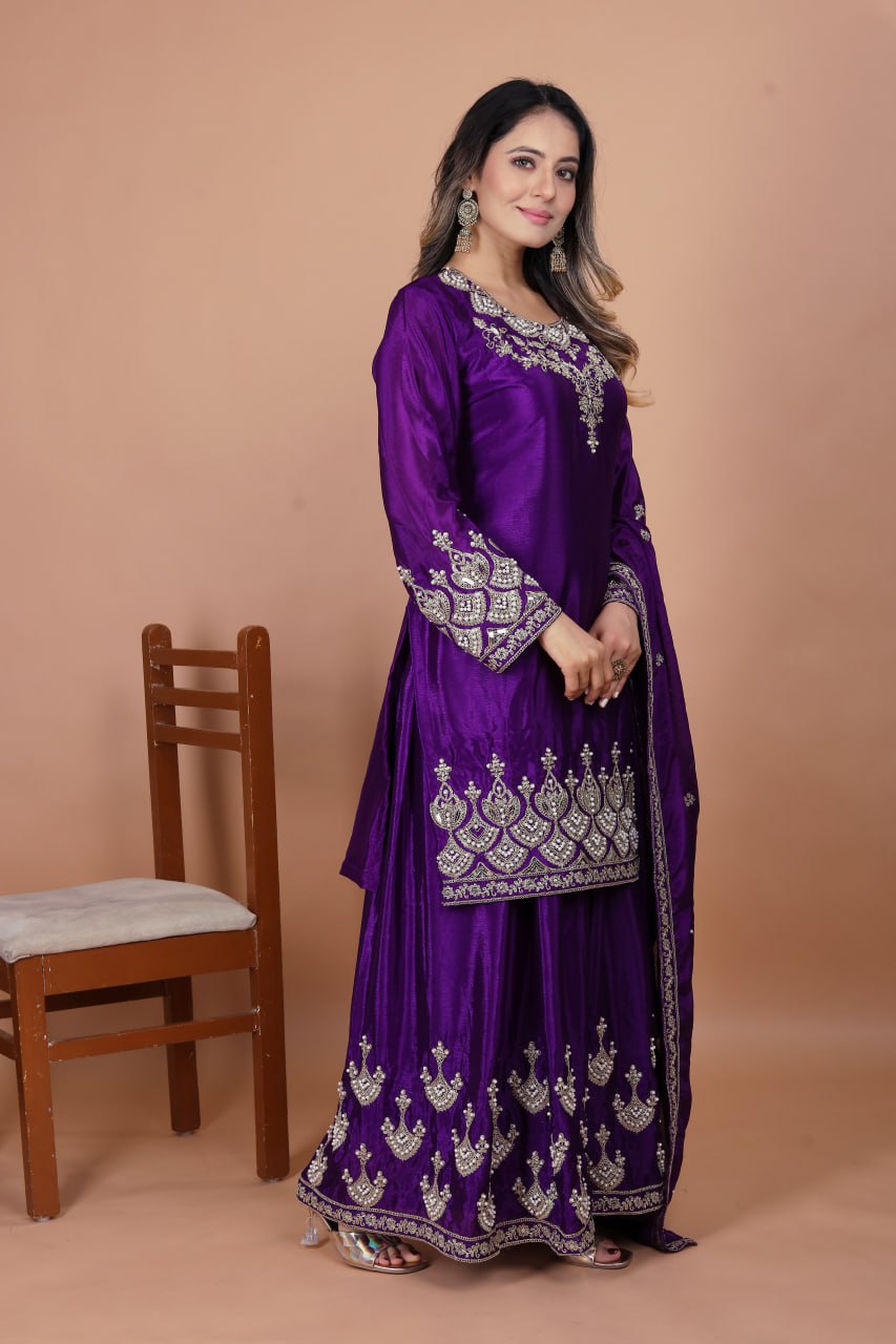 Prazu Fashion Violet Chinon Silk Embroidered Rivet Moti Work Sharara Suit - Distacart