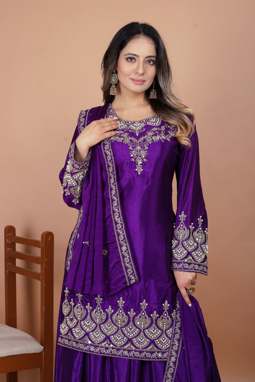 Prazu Fashion Violet Chinon Silk Embroidered Rivet Moti Work Sharara Suit - Distacart