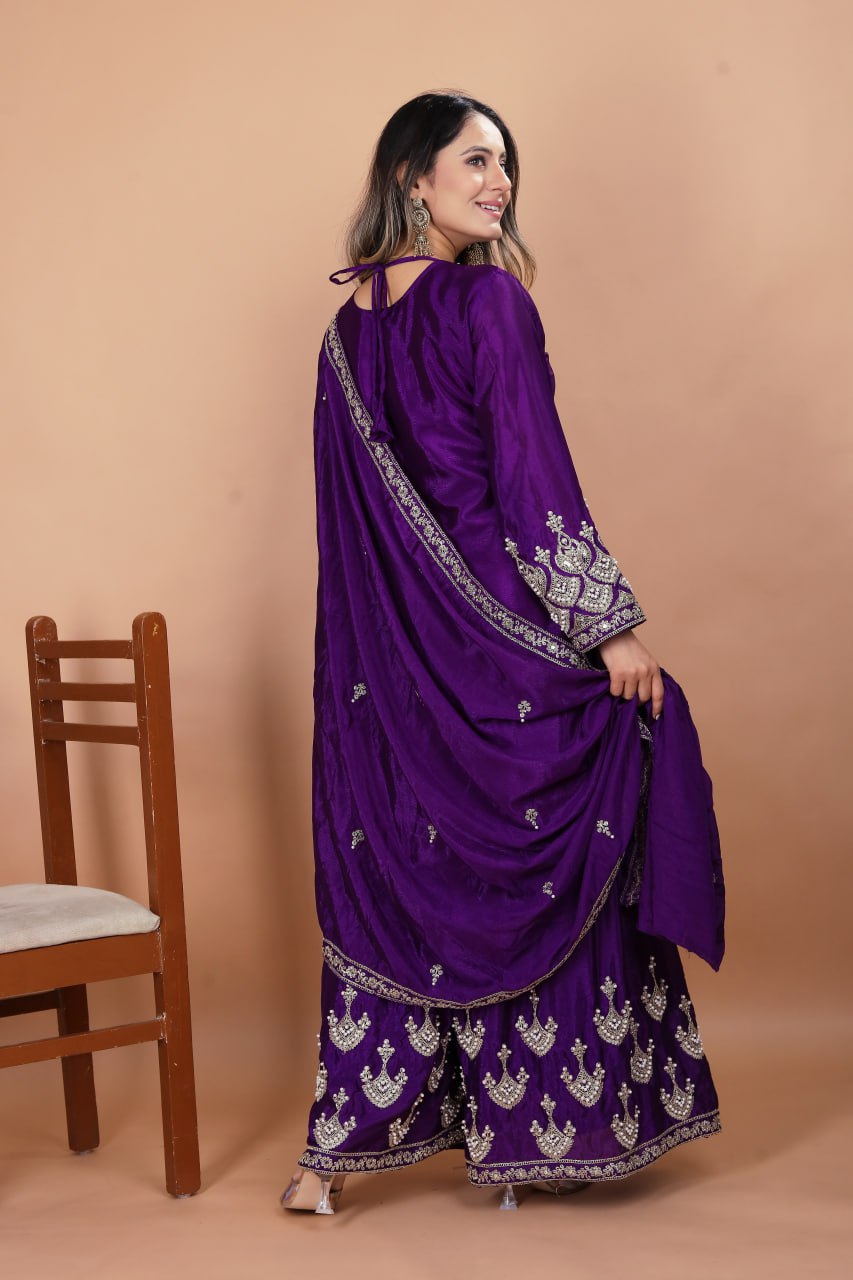 Prazu Fashion Violet Chinon Silk Embroidered Rivet Moti Work Sharara Suit - Distacart