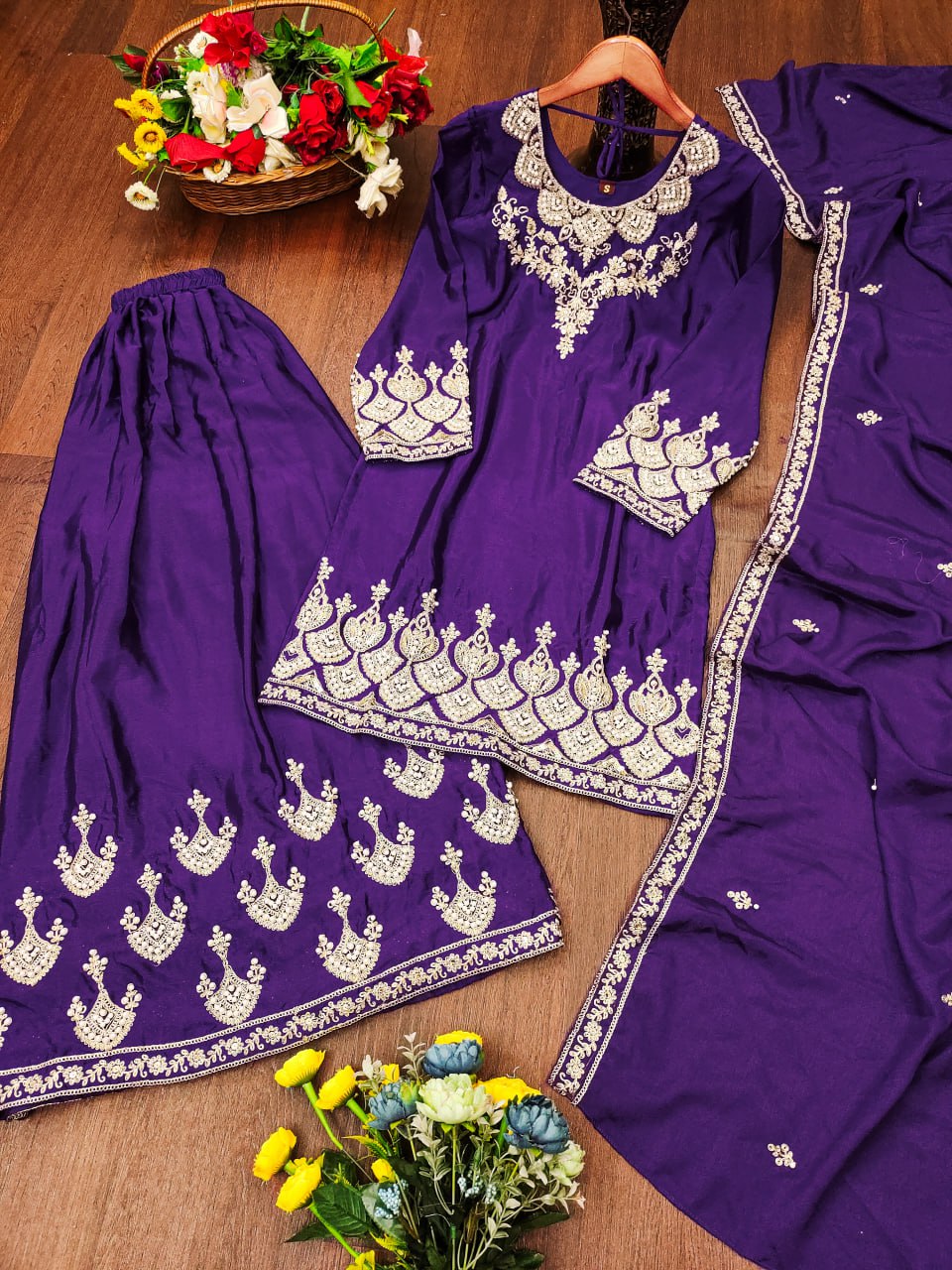 Prazu Fashion Violet Chinon Silk Embroidered Rivet Moti Work Sharara Suit - Distacart