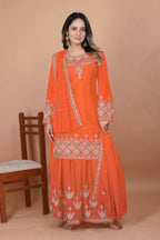 Prazu Fashion Orange Chinon Silk Embroidered Designer Sharara Suit - Distacart