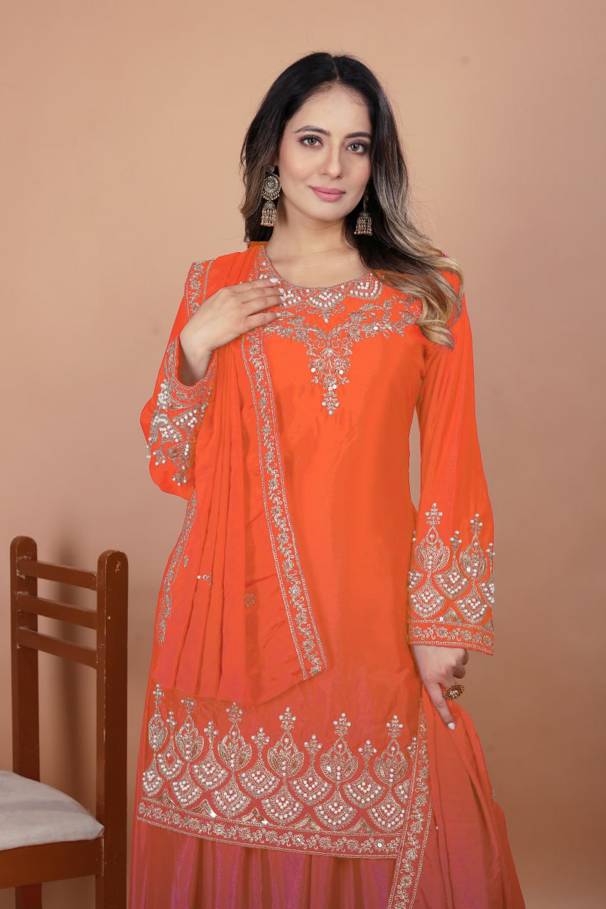 Prazu Fashion Orange Chinon Silk Embroidered Designer Sharara Suit - Distacart