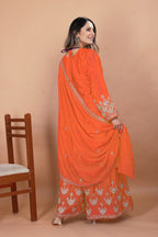 Prazu Fashion Orange Chinon Silk Embroidered Designer Sharara Suit - Distacart