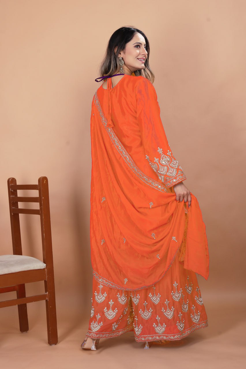 Prazu Fashion Orange Chinon Silk Embroidered Designer Sharara Suit - Distacart