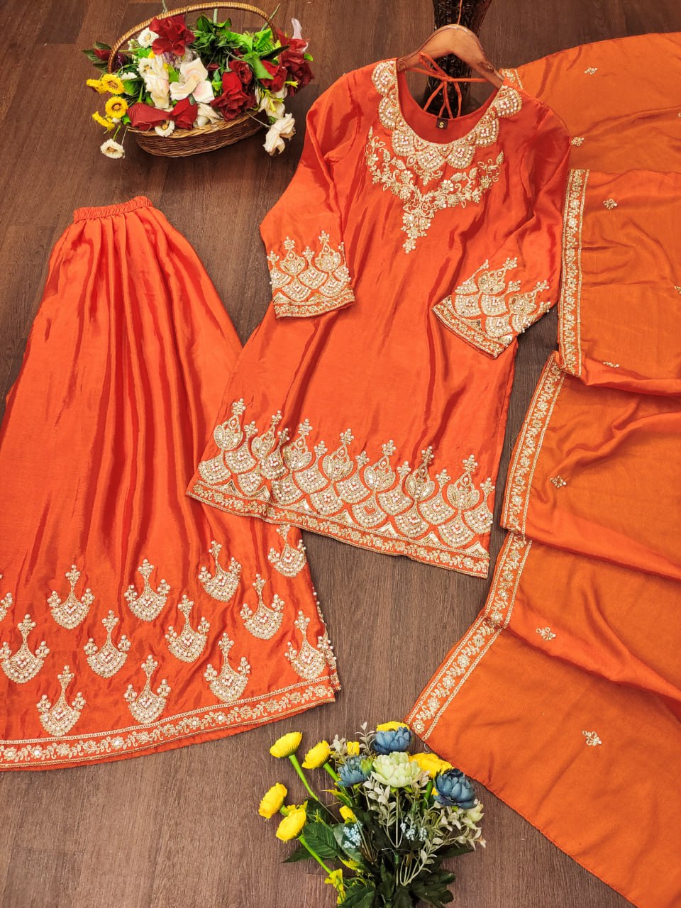 Prazu Fashion Orange Chinon Silk Embroidered Designer Sharara Suit - Distacart