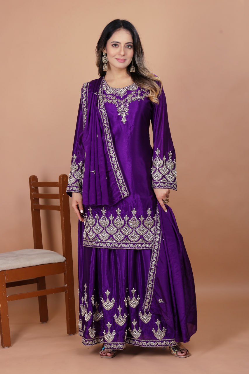 Prazu Fashion Violet Chinon Silk Embroidered Designer Sharara Suit - Distacart