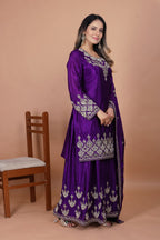 Prazu Fashion Violet Chinon Silk Embroidered Designer Sharara Suit - Distacart