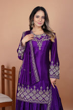Prazu Fashion Violet Chinon Silk Embroidered Designer Sharara Suit - Distacart