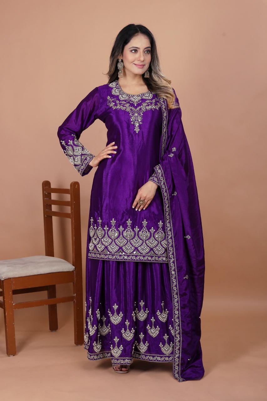 Prazu Fashion Violet Chinon Silk Embroidered Rivet Moti Work Sharara Suit - Distacart