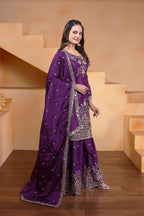 Prazu Fashion Violet Chinon Silk Embroidered Designer Sharara Suit - Distacart