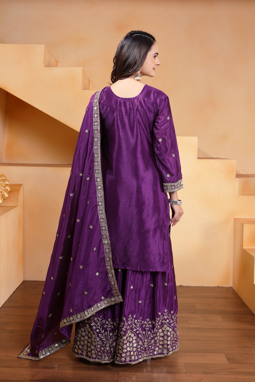 Prazu Fashion Violet Chinon Silk Embroidered Designer Sharara Suit - Distacart