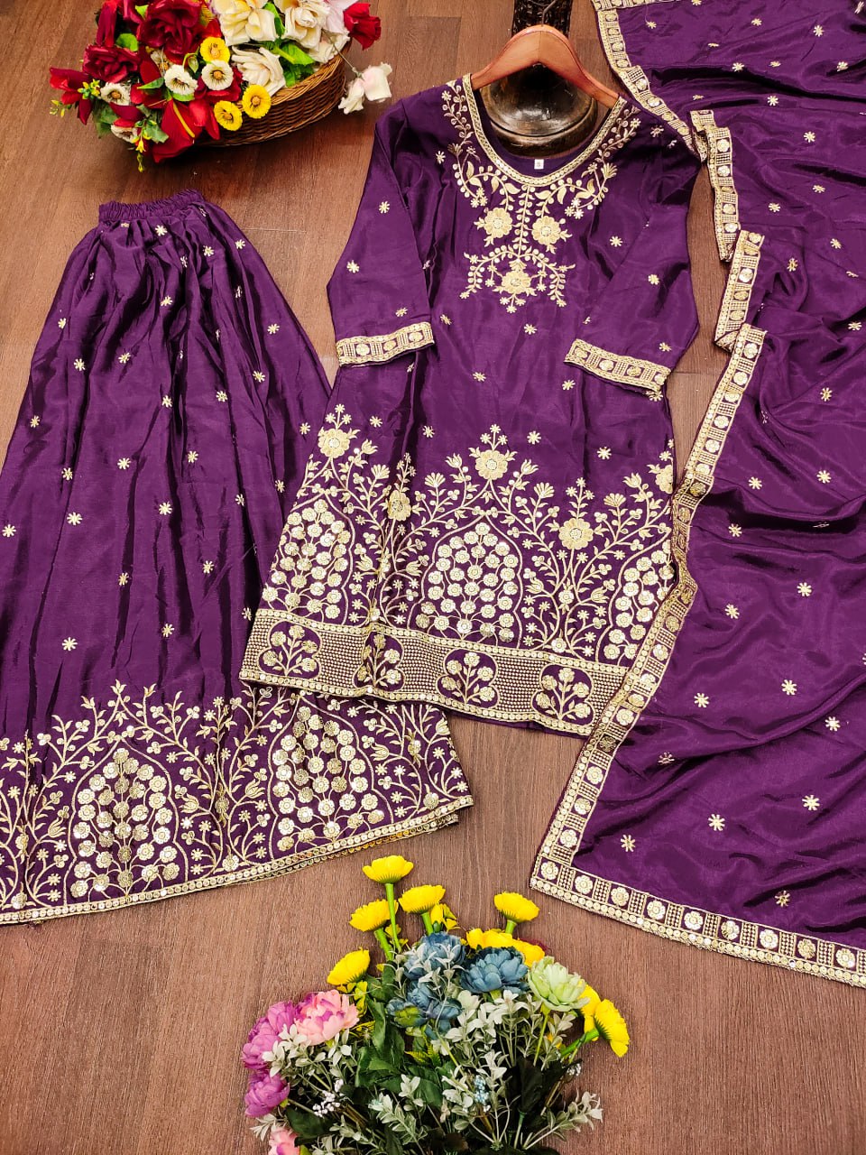 Prazu Fashion Violet Chinon Silk Embroidered Designer Sharara Suit - Distacart