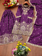 Prazu Fashion Violet Chinon Silk Embroidered Designer Sharara Suit - Distacart