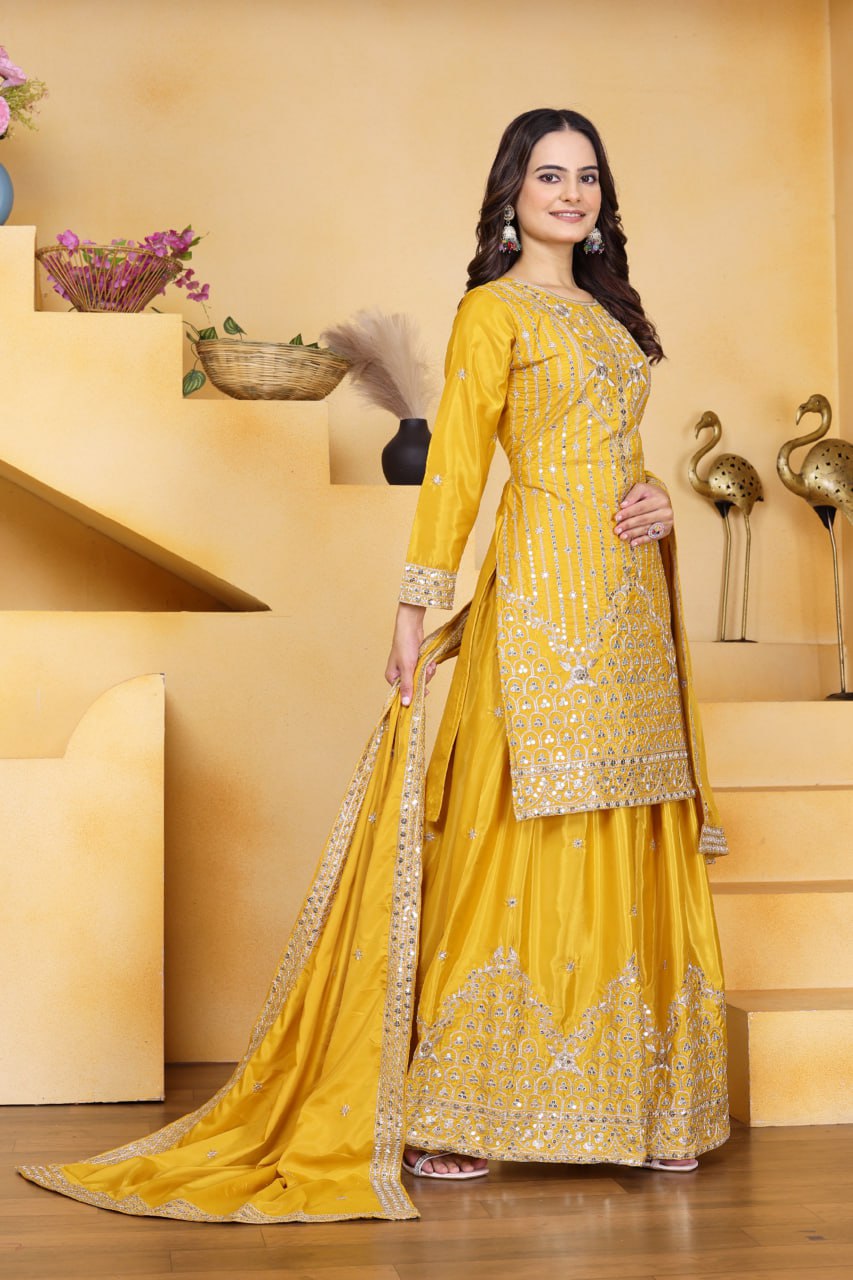 Lehenga Mart Premium Readymade Top Sharara With Dupatta Set For Women-Yellow - Distacart
