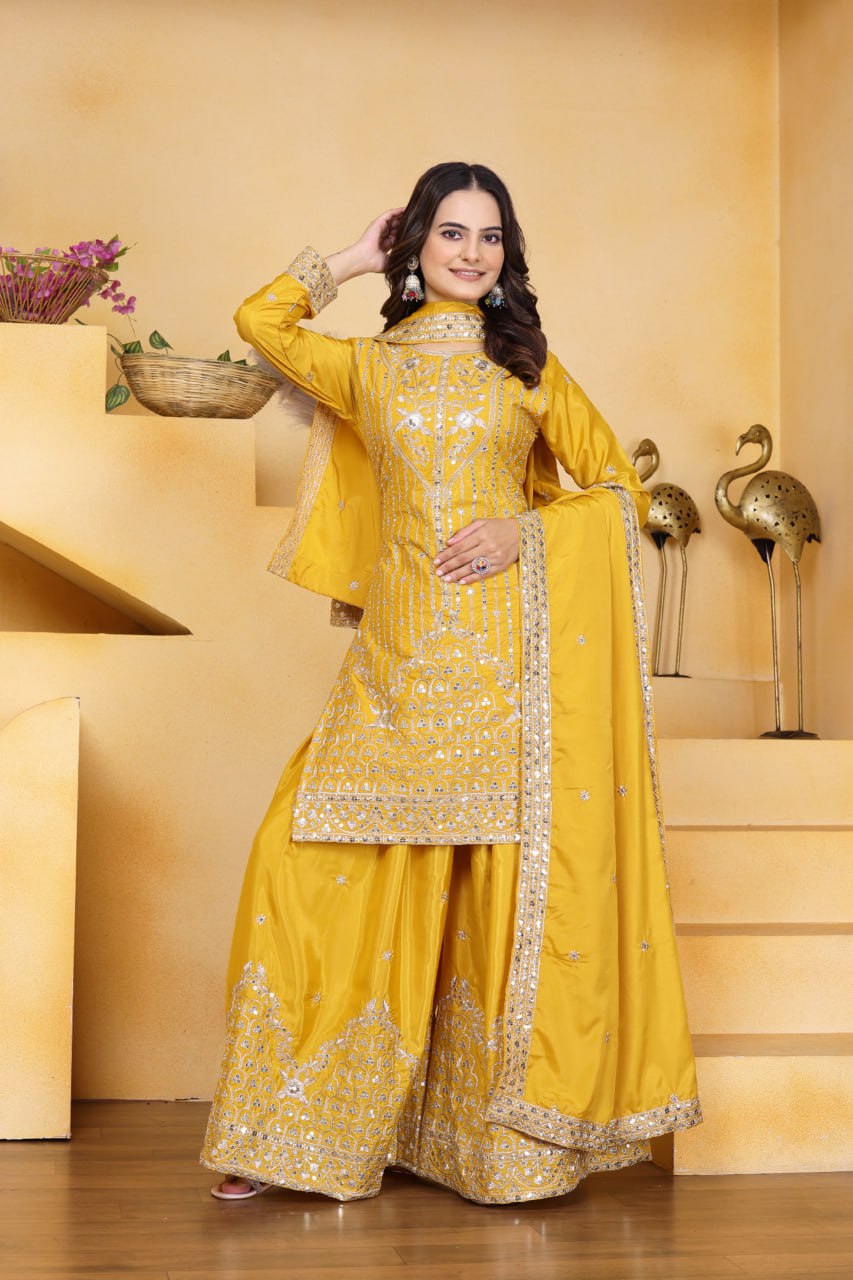 Prazu Fashion Yellow Crepe Silk Embroidered Sharara Suit - Distacart