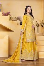Prazu Fashion Yellow Crepe Silk Embroidered Sharara Suit - Distacart