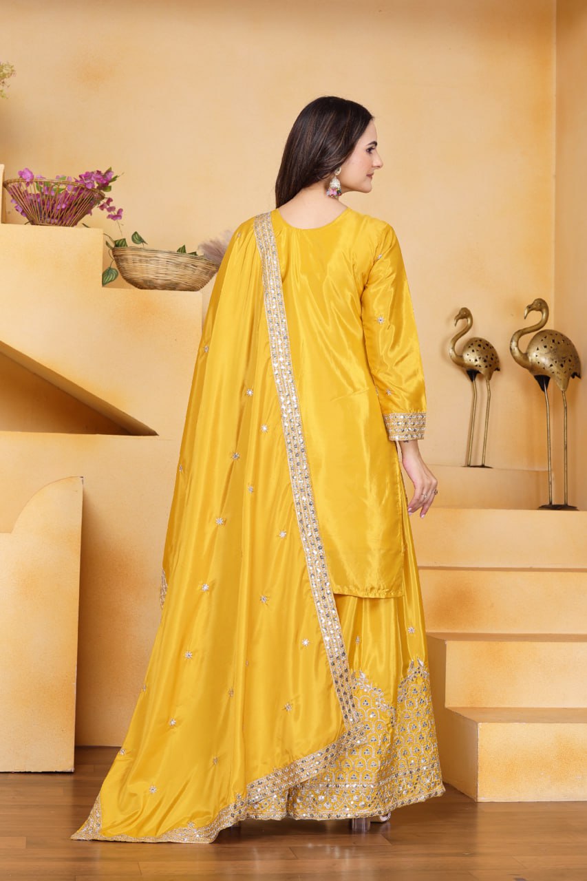Prazu Fashion Yellow Crepe Silk Embroidered Sharara Suit - Distacart