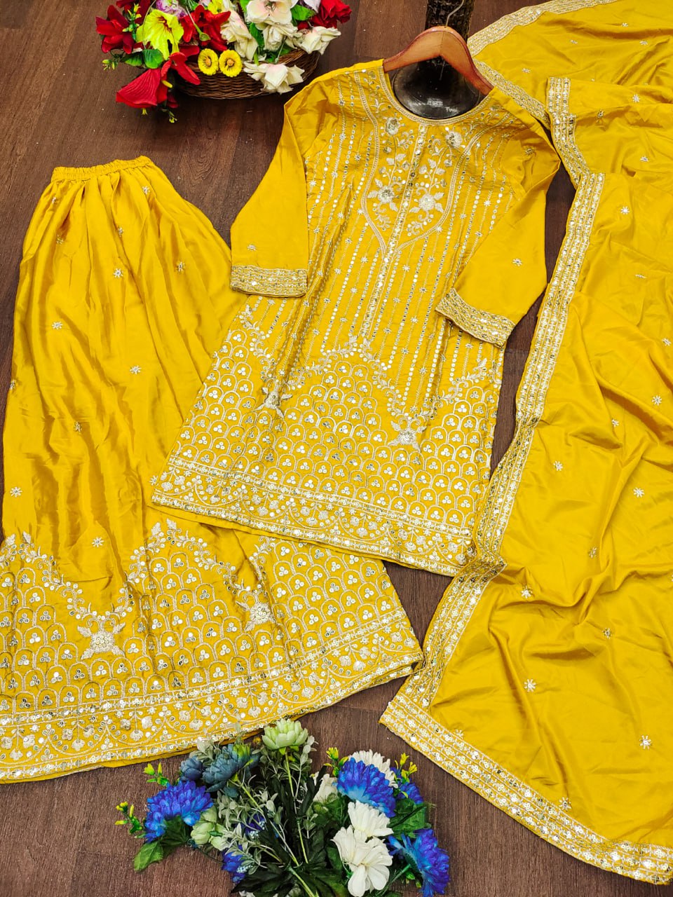 Prazu Fashion Yellow Crepe Silk Embroidered Sharara Suit - Distacart