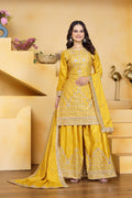 Prazu Fashion Yellow Crepe Silk Embroidered Sharara Suit - Distacart