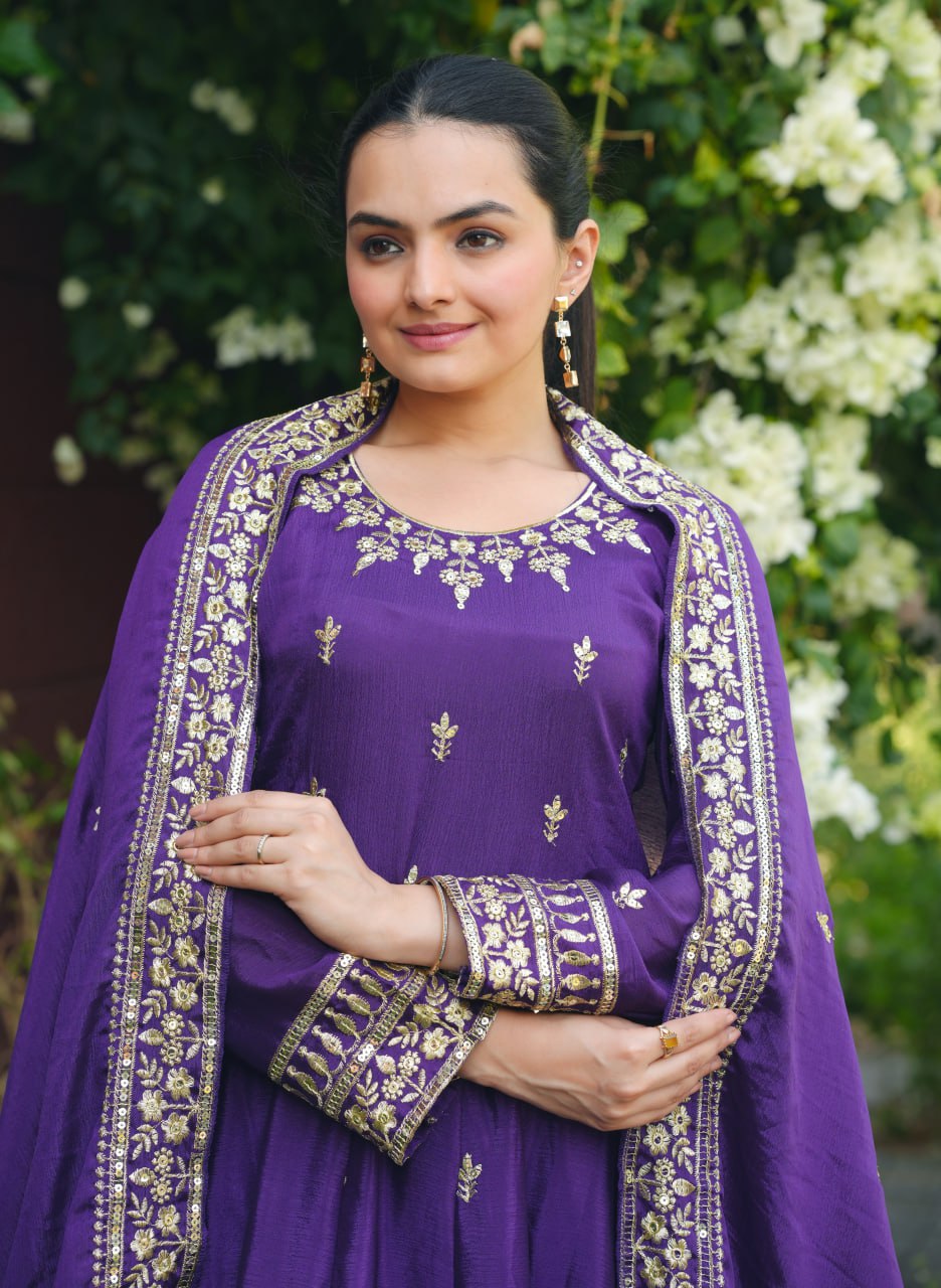 Prazu Fashion Violet Chinon Silk Embroidered Designer Anarkali Suit - Distacart