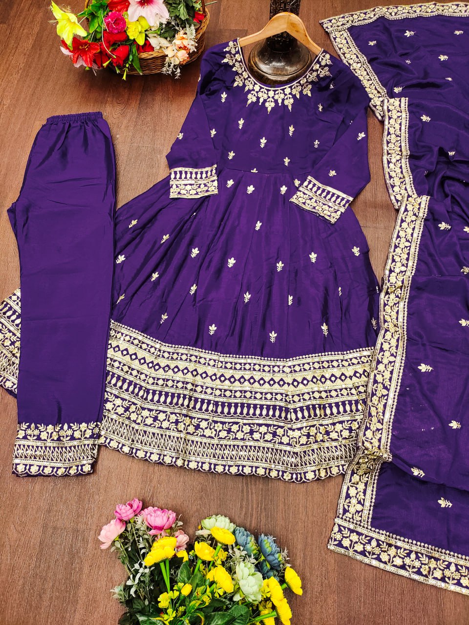 Prazu Fashion Violet Chinon Silk Embroidered Designer Anarkali Suit - Distacart