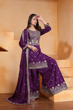 Prazu Fashion Purple Crepe Silk Embroidered Sharara Suit - Distacart