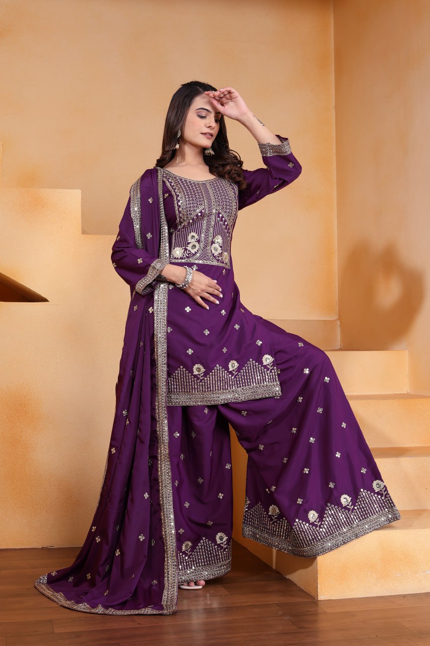 Prazu Fashion Purple Crepe Silk Embroidered Sharara Suit - Distacart