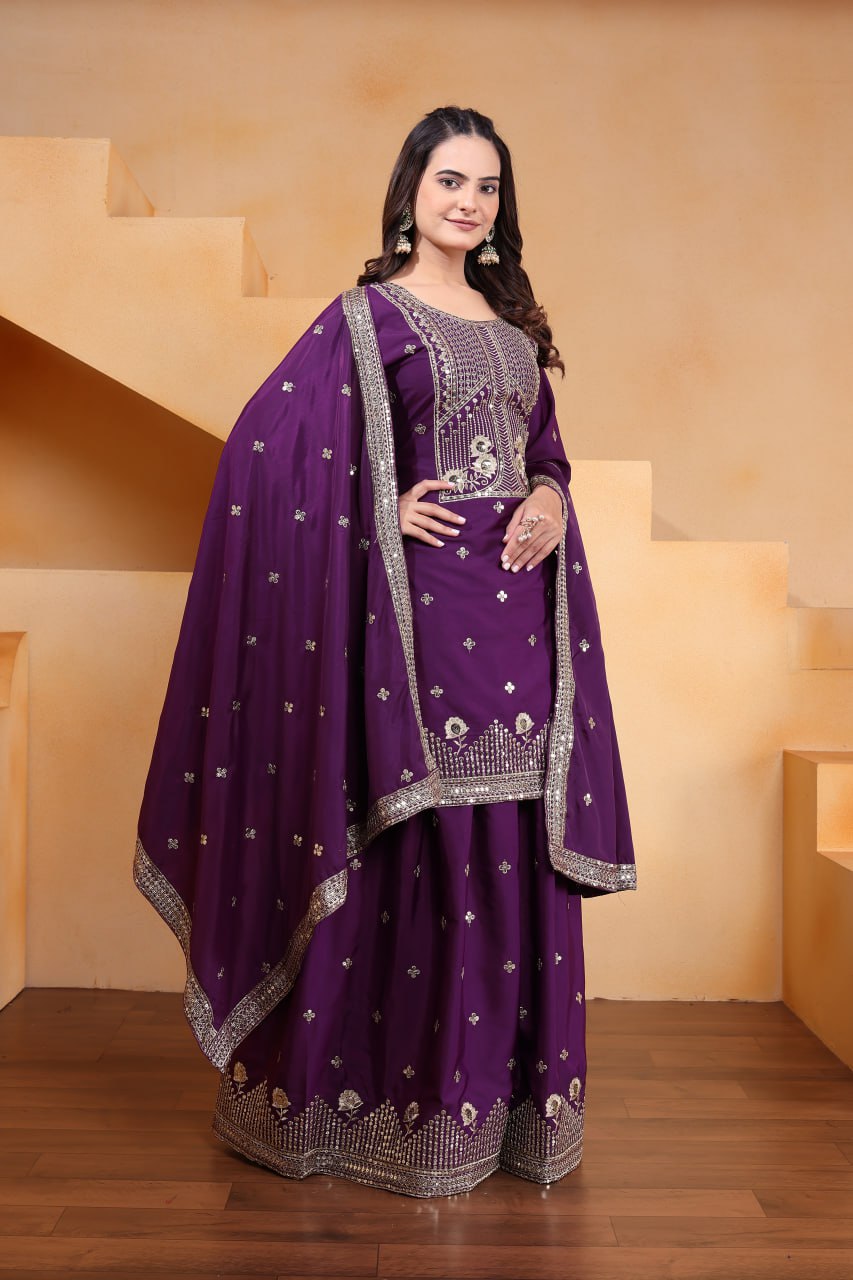 Prazu Fashion Purple Crepe Silk Embroidered Sharara Suit - Distacart
