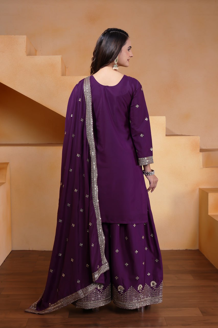 Prazu Fashion Purple Crepe Silk Embroidered Sharara Suit - Distacart
