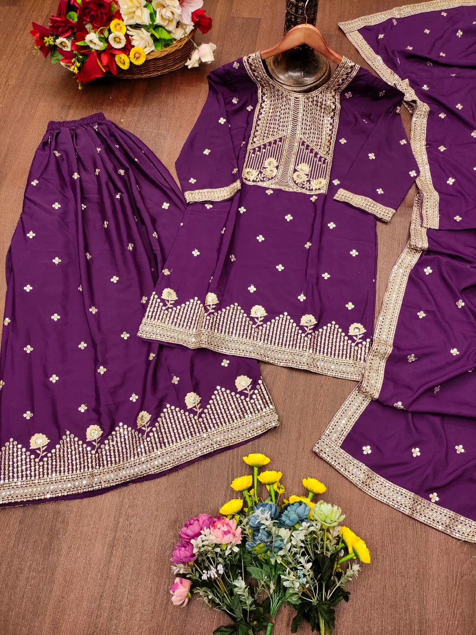 Prazu Fashion Purple Crepe Silk Embroidered Sharara Suit - Distacart