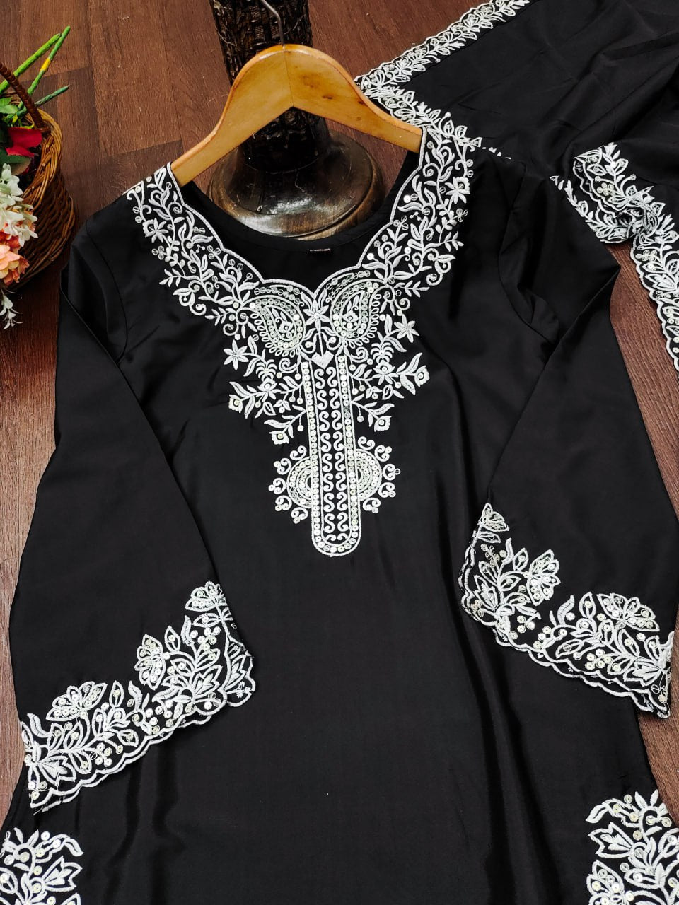 Prazu Fashion Black Crepe Silk Embroidered Palazzo Suit - Distacart
