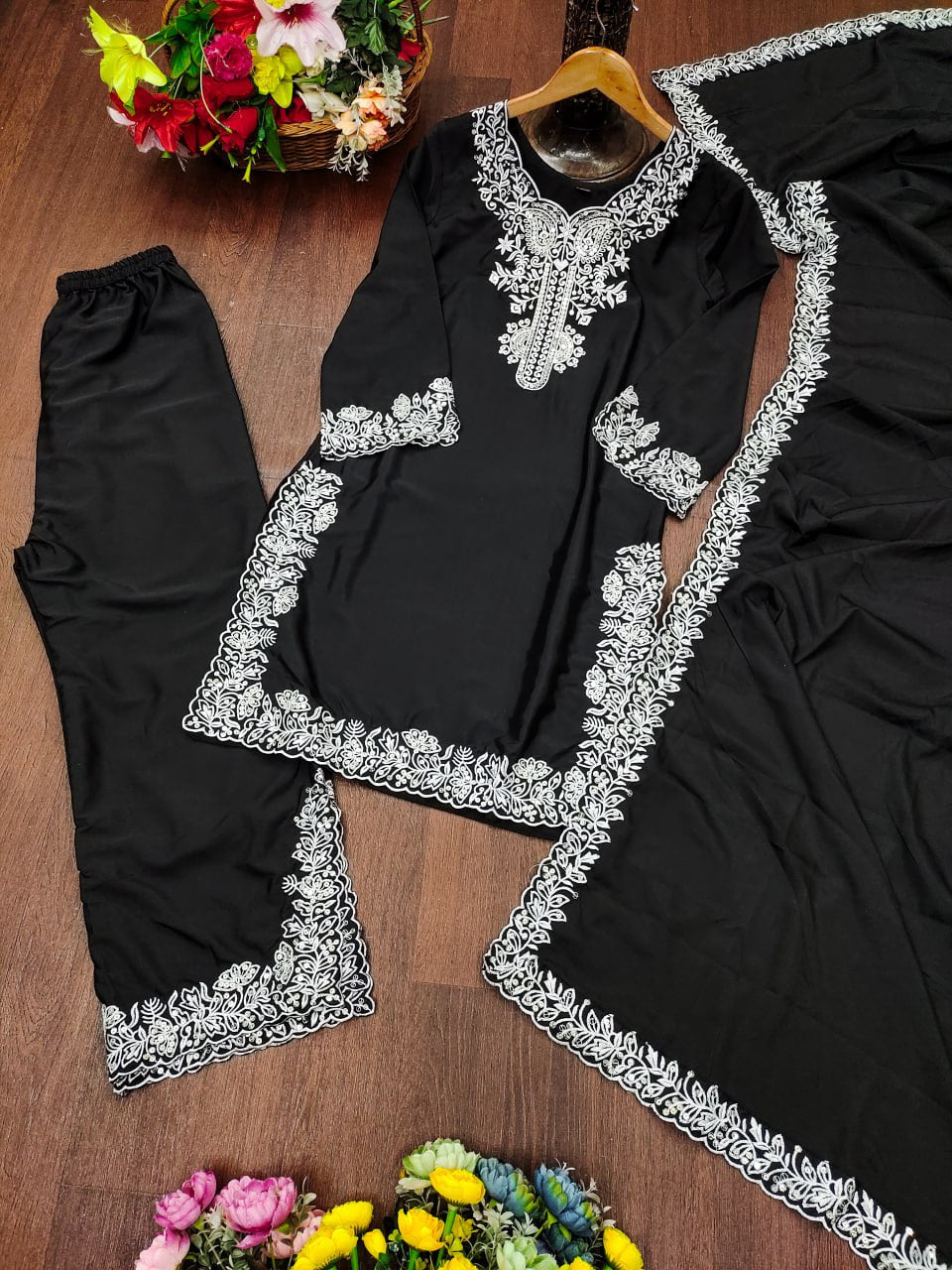 Prazu Fashion Black Crepe Silk Embroidered Palazzo Suit - Distacart